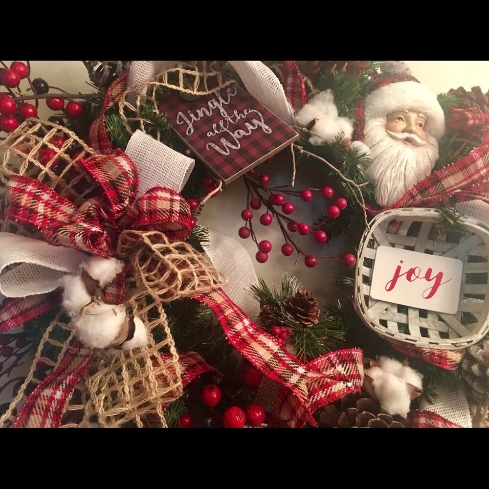 New Floral Rustic Designer Farmhouse Plaid Pinecone Christmas Door Wall Wreath